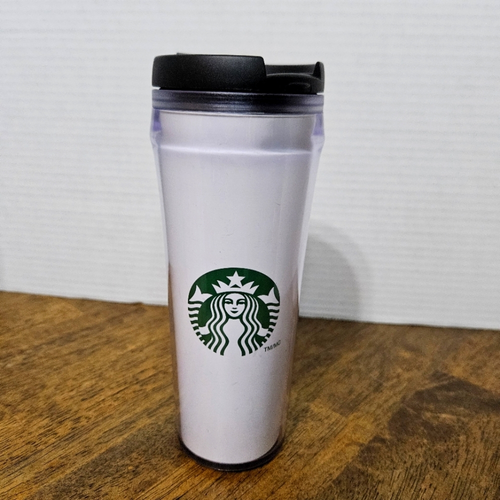Starbucks White/ Clear  Travel Tumbler 2014 12oz/355ml. 7.5 Inch Tall